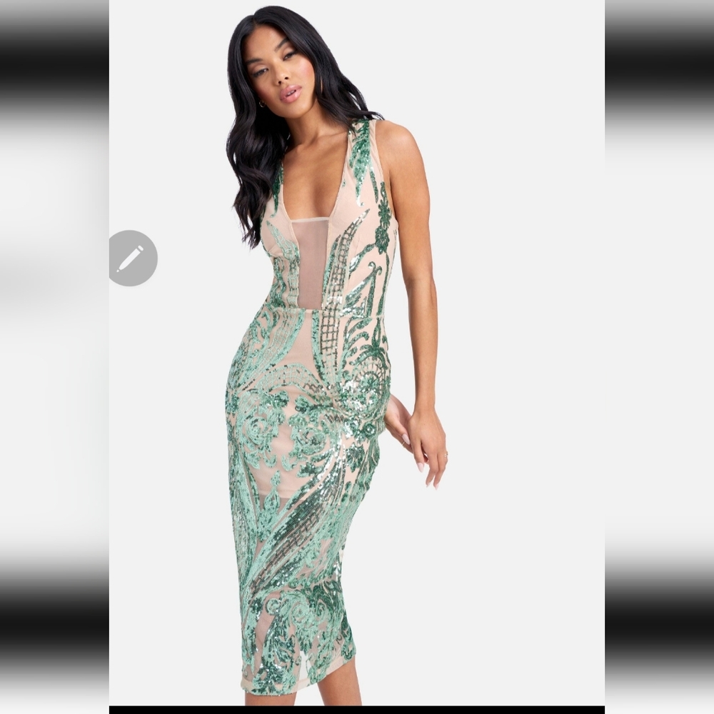 BEBE ILLUSION SPARKLE MESH SEQUIN DRESS